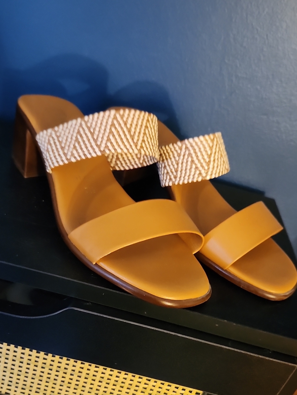 Women’s Tan Block Heel Slide Sandals with Beaded Strap